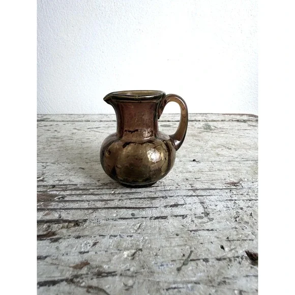 Vintage Hand Blown Amber Glass Mini Pitcher Iridescent Luster Small Bud Vase - Picture 3 of 6